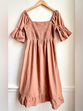 Angashion Pale Clay 100% Cotton Smocked Puff Sleeve Cottage Core Dress Med M